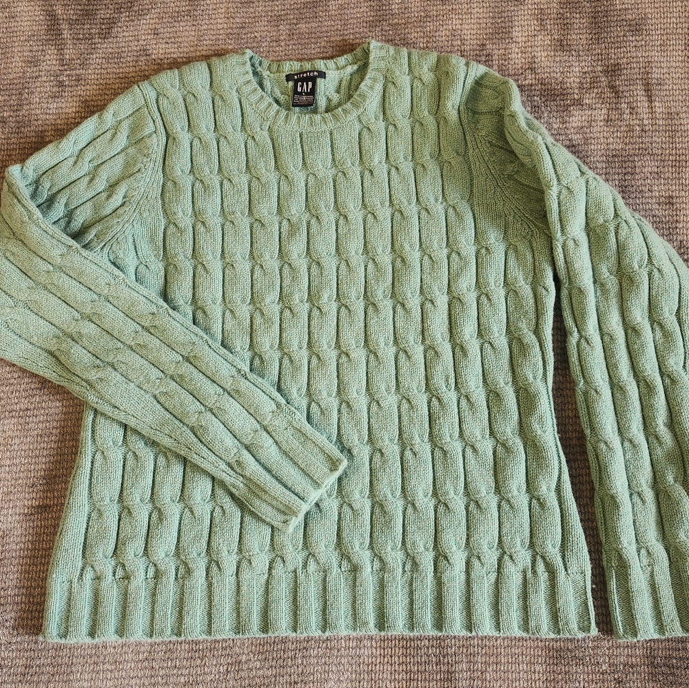 GAP VINTAGE '02 Lambswool Stretch Cable Knit Chunky Sweater Mint Green Size L